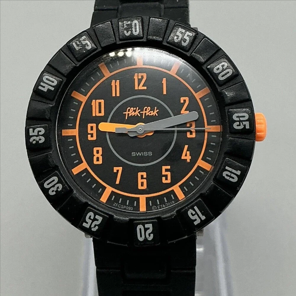 Flik Flak ID43 Boys Watch 34mm Black Orange Dial Rubber Swiss New Battery